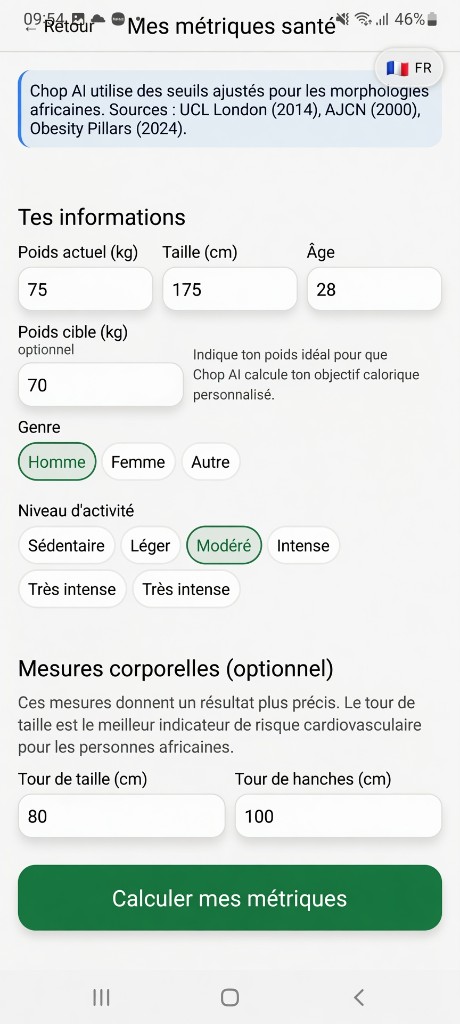 Formulaire métriques santé Chop AI — seuils ajustés morphologies africaines